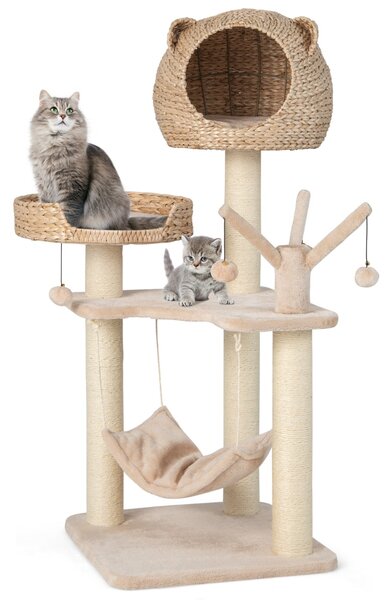 Costway Torre per gatti alta 121cm con casetta in pelo grande letto amaca, Centro di attività per gattini Naturale