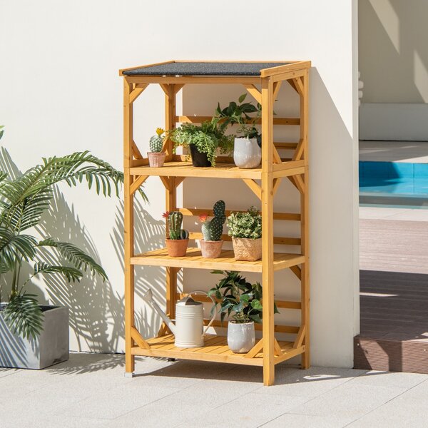 Costway Scaffale aperto in legno con tetto resistente alle intemperie da esterno, Supporto piante a 3 livelli Naturale