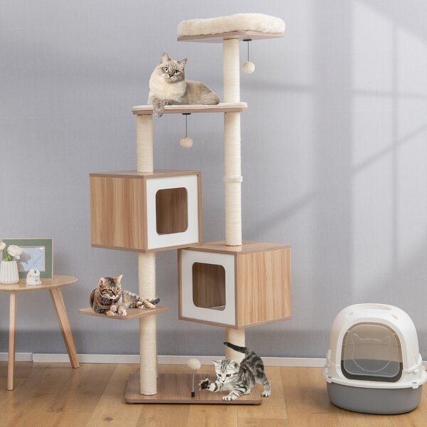 Costway Albero per gatti con tira graffi in sisal cuscini lavabili 3 palline 2 contenitori, Torre in legno 163cm Naturale