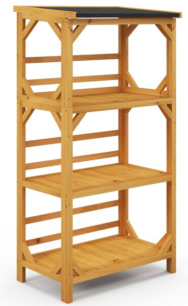 Costway Scaffale aperto in legno con tetto resistente alle intemperie da esterno, Supporto piante a 3 livelli Naturale
