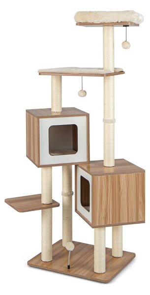Costway Albero per gatti con tira graffi in sisal cuscini lavabili 3 palline 2 contenitori, Torre in legno 163cm Naturale