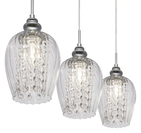 Lampadario Contemporaneo Blues Metallo Nichel 3 Luci Diffusori Vetro Trasparente