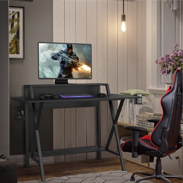 Costway Scrivania gaming con multipresa di 3 prese 2 porte usb supporto cavi, Scrivania per computer da 122x60x104cm Nero