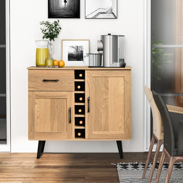 Costway Credenza buffet con portabottiglie da 6 vini cassetto estraibile e ripiani regolabili, Mobile da bar Naturale