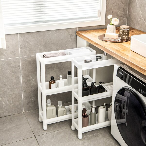 Costway Set di 2 carrelli da cucina a 3 livelli con ruote e fori per piccoli spazi, Carrellino bagno salvaspazio Bianco
