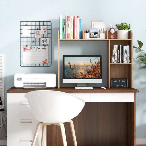 Costway Libreria da scrivania con 4 ripiani e scomparto aperto, Scaffale a 3 livelli da tavolo multiuso Naturale