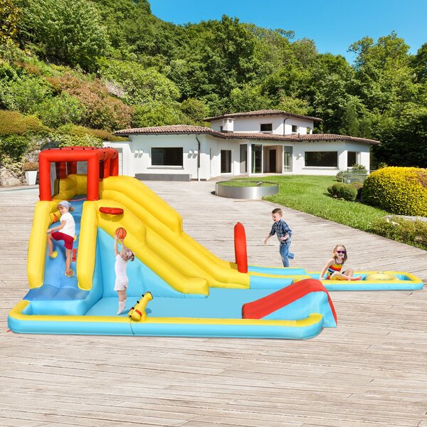 FANTASK Castello Gonfiabile Con Scivolo E Piscina: Parco Acquatico Per Bambini Con Pistola Ad Acqua, Parete Da Arrampicata E Canestro Da Basket. Include Borsa Trasporto E Kit Riparazione. - 2