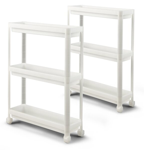Costway Set di 2 carrelli da cucina a 3 livelli con ruote e fori per piccoli spazi, Carrellino bagno salvaspazio Bianco