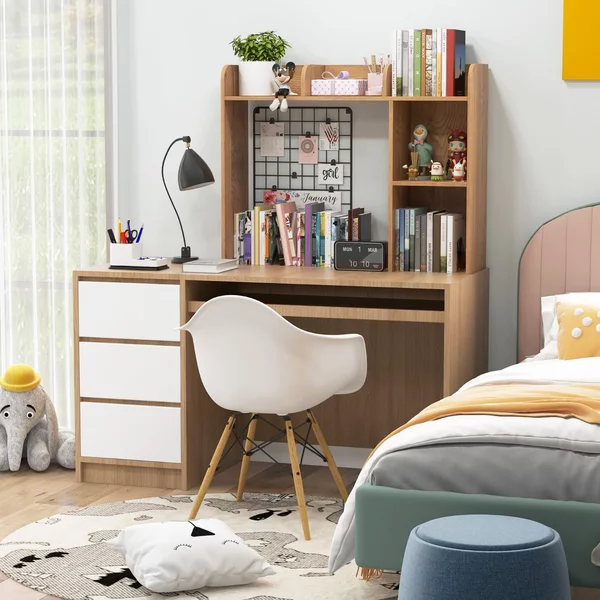 Costway Libreria da scrivania con 4 ripiani e scomparto aperto, Scaffale a 3 livelli da tavolo multiuso Naturale