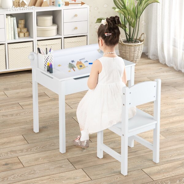 Costway Set tavolino e sedia vano portaoggetti e portarotolo per disegnare giocare, Tavolo per bambini con sedia Bianco