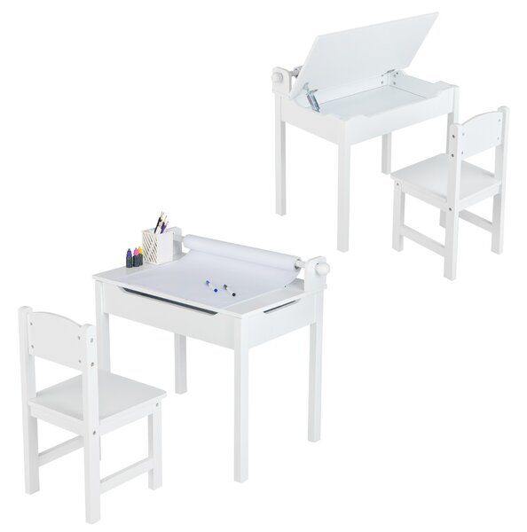 Costway Set tavolino e sedia vano portaoggetti e portarotolo per disegnare giocare, Tavolo per bambini con sedia Bianco