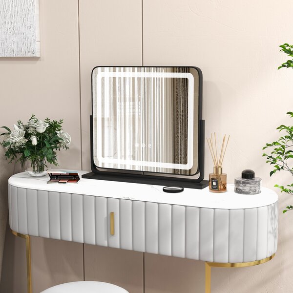Costway Specchio toletta con 3 modalità di illuminazione a colori luminosità regolabile, Specchio ruotabile a 360° Nero