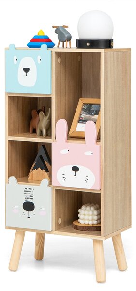 Costway Libreria per bambini con 3 cassetti scomparti aperti per giocattoli libri, Mobile portagiochi 40x25x83cm Naturale