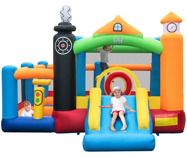 Costway Castello gonfiabile a tema treno con scivolo 3 vasche per le palline e canestro, Casa per saltare per bambini
