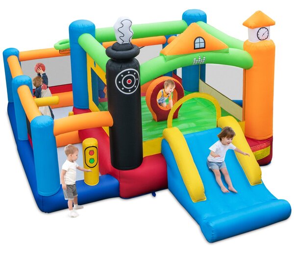 Costway Castello gonfiabile a tema treno con scivolo 3 vasche per le palline e canestro, Casa per saltare per bambini