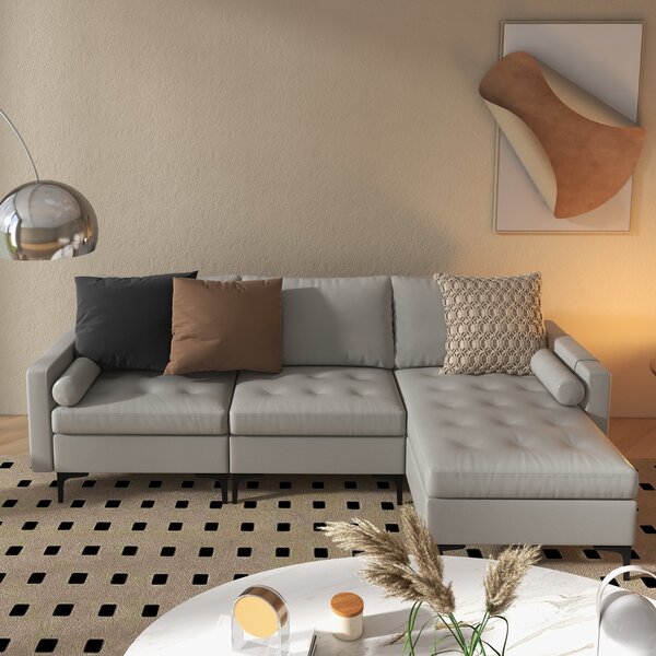 Costway Divano componibile modulare con porte USB gambe in metallo cuscini a rotolo, Divano angolare Grigio 247x130x80cm