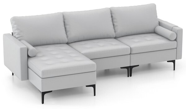 Costway Divano componibile modulare con porte USB gambe in metallo cuscini a rotolo, Divano angolare Grigio 247x130x80cm