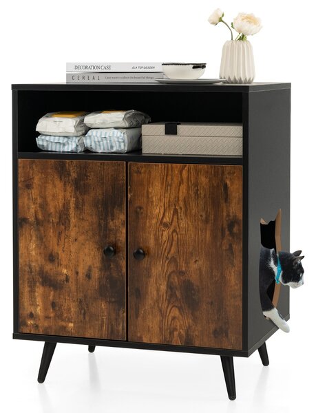 Costway Recinto lettiera per gatti con ingresso gambe inclinate in metallo scomparto aperto, Mobile nascosto Marrone