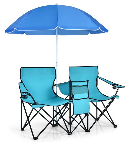 Costway Sedia da picnic in acciaio portatile e pieghevole, Sedia da picnic con ombrellone mini tavolo porta bevande Azzurro