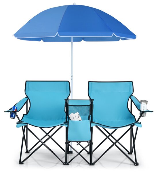 Costway Sedia da picnic in acciaio portatile e pieghevole, Sedia da picnic con ombrellone mini tavolo porta bevande Azzurro