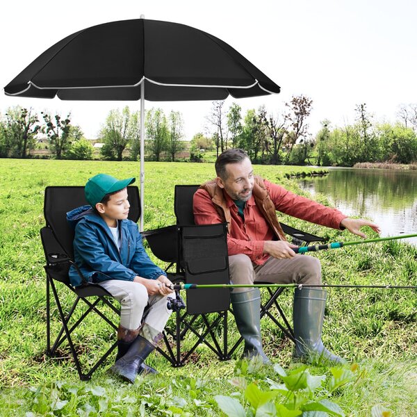 Costway Sedia da picnic in acciaio portatile e pieghevole, Sedia da picnic con ombrellone mini tavolo porta bevande Nero