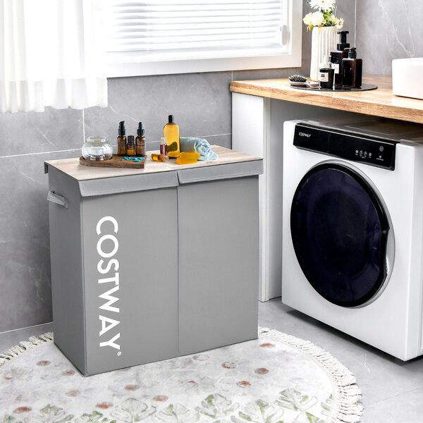 Costway Cesto portabiancheria da 105L con coperchio 2 scomparti, Portabiancheria sporca in tessuto per lavanderia Grigio