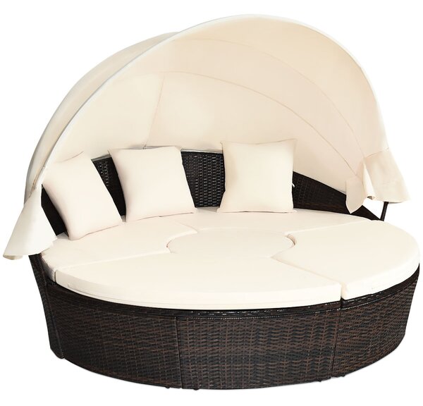 Costway Letto da giardino rotondo in rattan con tettuccio retrattile sedili separati, Set di divano modulare Beige