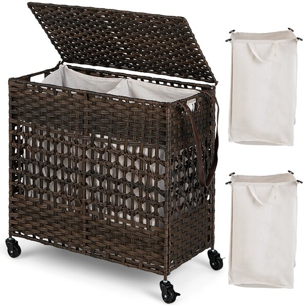 Costway Cesta portabiancheria da 110L con 2 scomparti ruote coperchio sacca rimovibile lavabile, Cesto in rattan Marrone