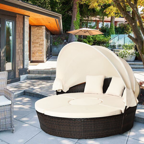 Costway Letto da giardino rotondo in rattan con tettuccio retrattile sedili separati, Set di divano modulare Beige