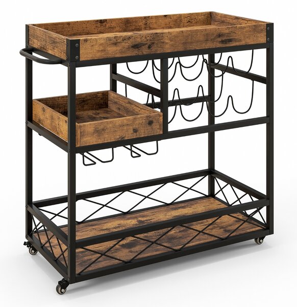 Costway Carrello bar con vassoio rimovibile portabottiglie porta calici e ruote, Carrello cucina a 3 livelli Marrone