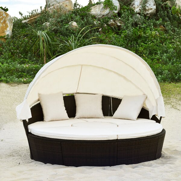 Costway Letto da giardino rotondo in rattan con tettuccio retrattile sedili separati, Set di divano modulare Beige