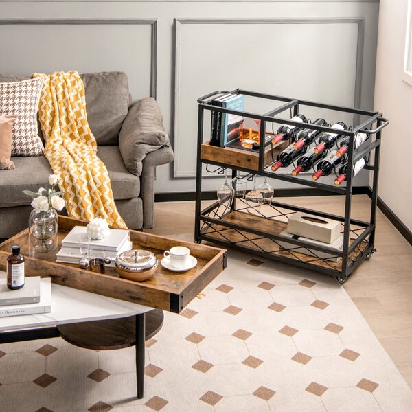 Costway Carrello bar con vassoio rimovibile portabottiglie porta calici e ruote, Carrello cucina a 3 livelli Marrone