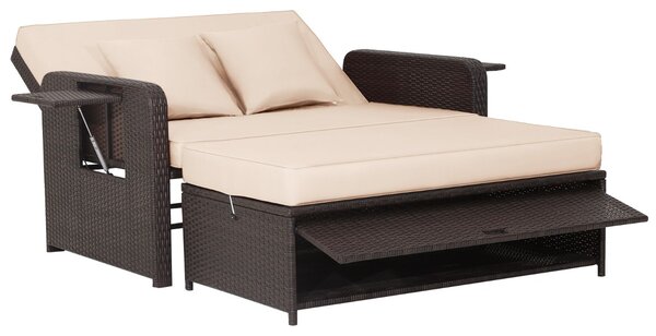 Costway Set divano a 2 posti da giardino, Divano con panca poggiapiedi tavolini laterali schienale regolabile Beige
