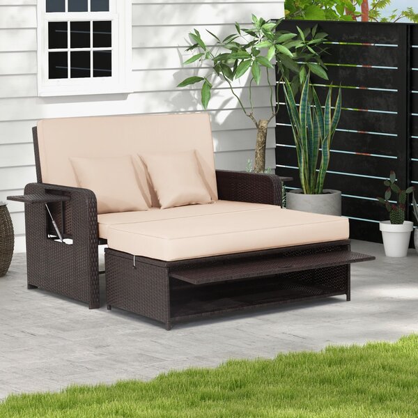 Costway Set divano a 2 posti da giardino, Divano con panca poggiapiedi tavolini laterali schienale regolabile Beige