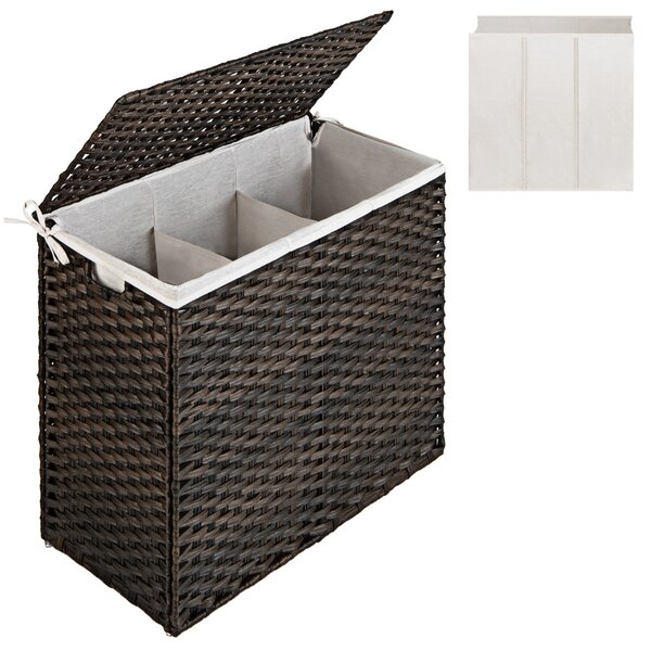 Costway Cesto portabiancheria da 110L con sacca rimovibile lavabile e 3 scomparti, Cesto per in rattan PE Marrone
