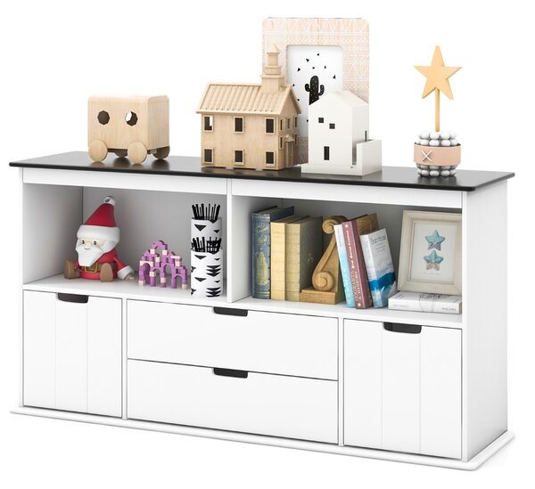 Costway Scaffale portagiocattoli per bambini con 2 contenitori, Mobile portagiochi con piano scrivibile 2 cassetti Bianco