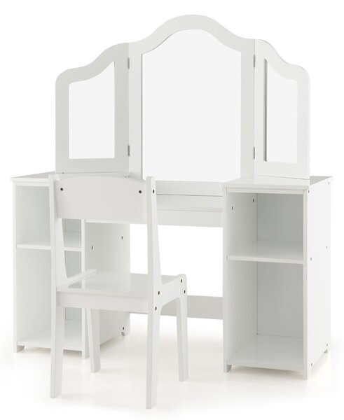 Costway Set tavolo da trucco sedia per bambini con specchio a 3 ante rimovibile, Set 2-in-1 di vanità per ragazze Bianco