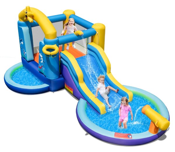 Costway Castello gonfiabile con scivolo acquatico 2 piscine cannone ad acqua, Castello saltellante con gonfiatore