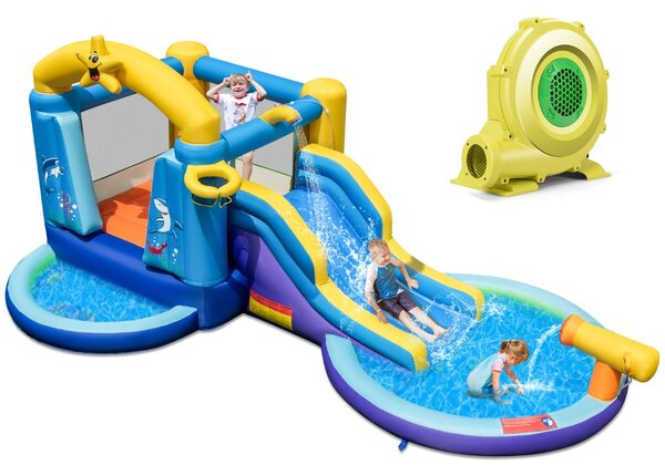 Costway Castello gonfiabile con scivolo acquatico 2 piscine cannone ad acqua, Castello saltellante con gonfiatore