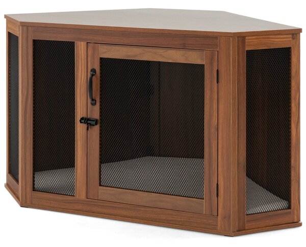 Costway Gabbia per cani con porta a rete cuscino maniglia chiavistello per stanze, Kennel angolare per cani Marrone