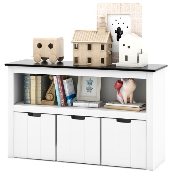 Costway Mobile porta giochi per bambini con 3 contenitori, Scaffale con piano a lavagna scrivibile vano aperto Bianco
