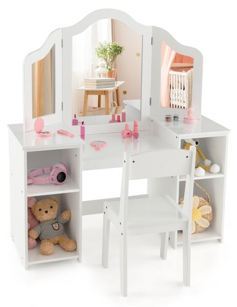 Costway Set tavolo da trucco sedia per bambini con specchio a 3 ante rimovibile, Set 2-in-1 di vanità per ragazze Bianco