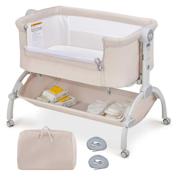 Costway Lettino affiancato con regolazione in altezza a 7 livelli per neonati, Culla co-sleeper per bambini cesto portaoggetti Beige