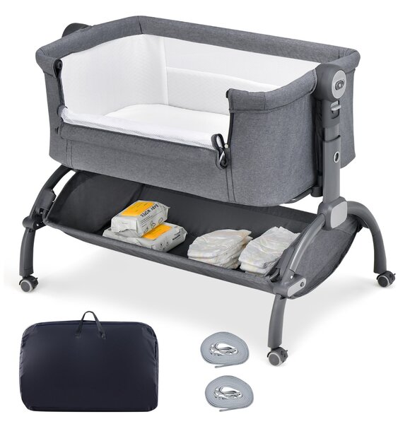 Costway Lettino affiancato con regolazione in altezza a 7 livelli per neonati, Culla co-sleeper per bambini cesto portaoggetti Grigio