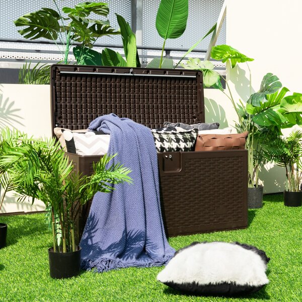 Costway Contenitore da giardino con coperchio chiudibile, Cassapanca di grande capacità per cuscini Marrone 114x54x56cm