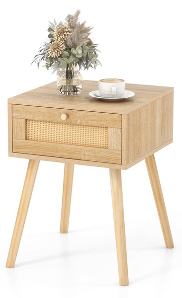Costway Comodino in rattan con decorazione intrecciata a mano, Tavolino da letto boho in legno stile mid-century Naturale