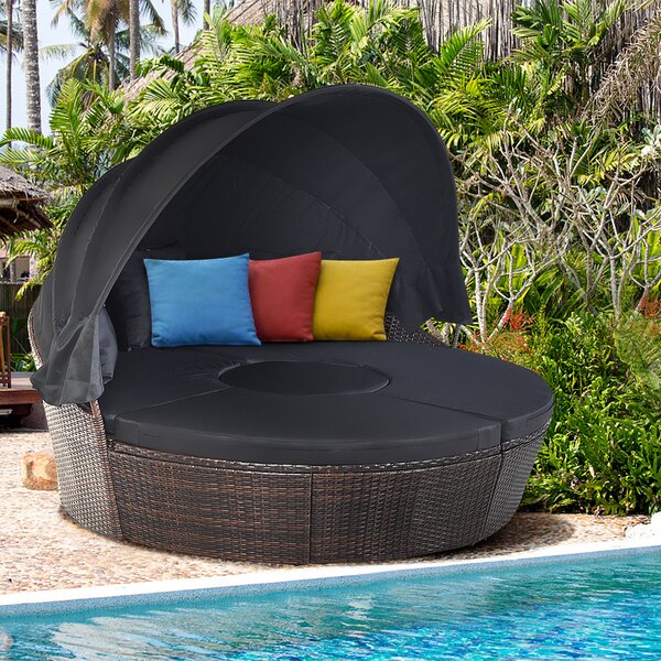 Costway Letto da giardino rotondo in rattan con tettuccio retrattile sedili separati, Set di divano modulare Nero
