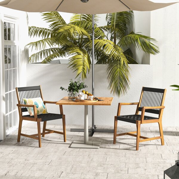 Costway Set di 2 sedie da pranzo in legno di acacia per esterni, Sedie da patio intrecciate in corda con braccioli
