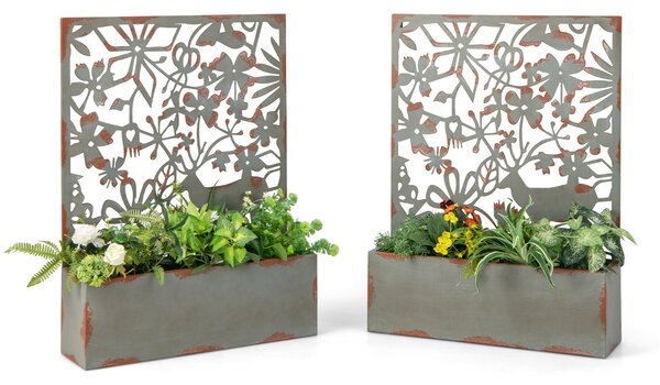 Costway Set di 2 aiuole decorative rialzate da parete con grigliato, 2 fioriere autoportanti in metallo per piante Grigio