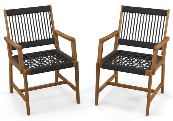 Costway Set di 2 sedie da pranzo in legno di acacia per esterni, Sedie da patio intrecciate in corda con braccioli
